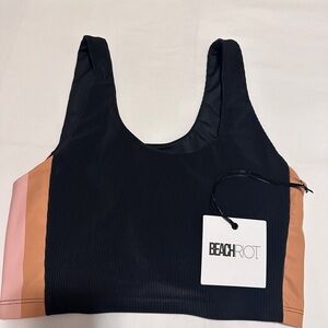Beach Riot Black Ribbed Sports Bra with Pink & Tan Accents